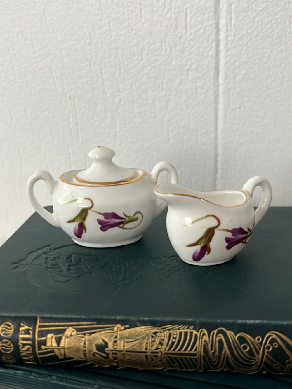 Hammersley Bone China Mini Sugar Creamer Set - Victorian Violets - Gold Trim